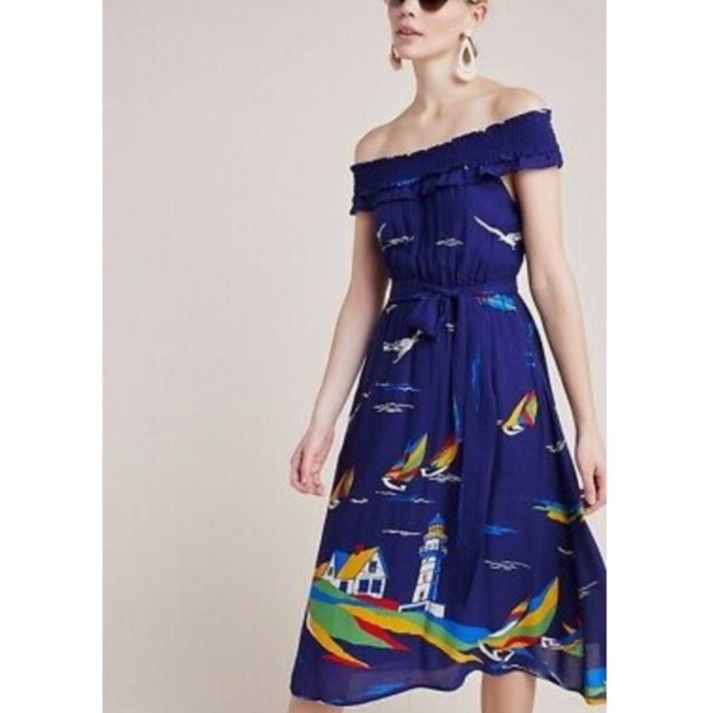 Anthropologie Colloquial Boat Off-Shoulder Midi Dress Nautical Blue